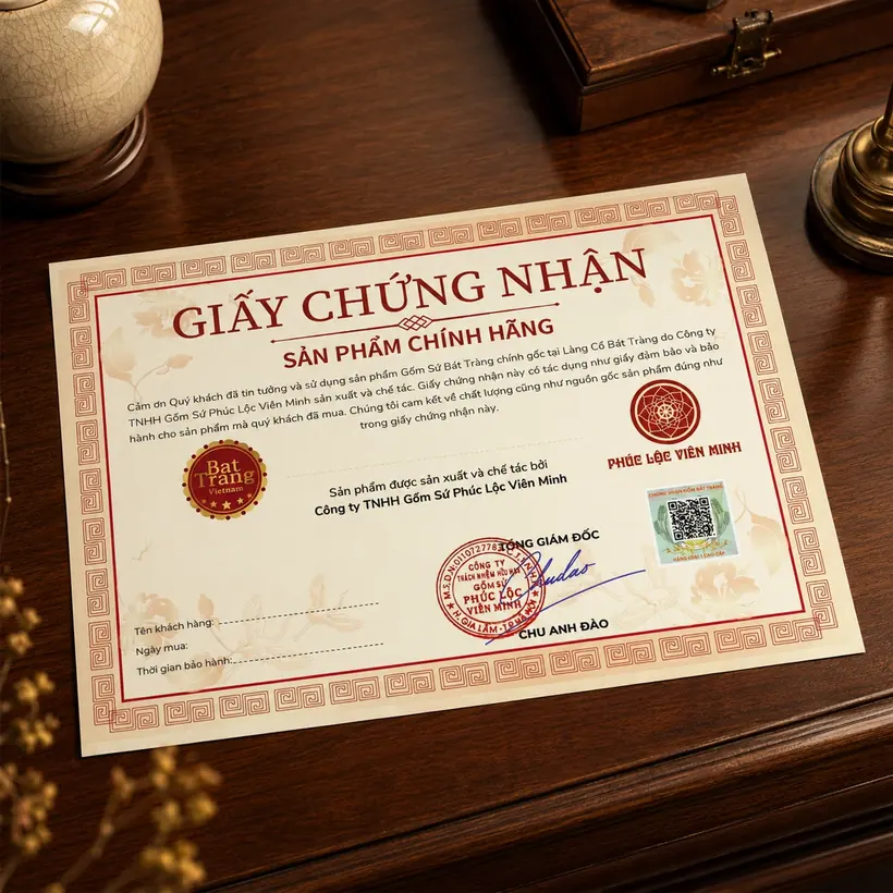 Giấy chứng nhận gốm sứ chính gốc Làng cổ Bát Tràng của Phúc Lộc Viên Minh