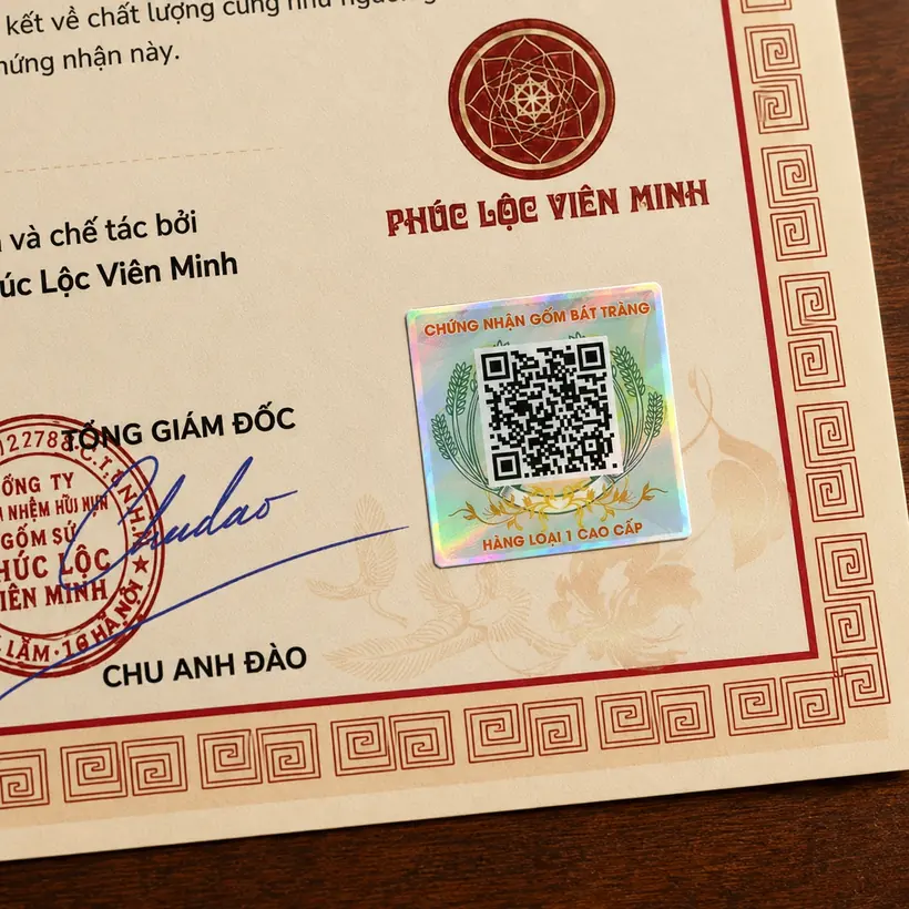 Tem xác thực gốm sứ Bát Tràng hàng loại 1 cao cấp chống hàng giả hàng nhái